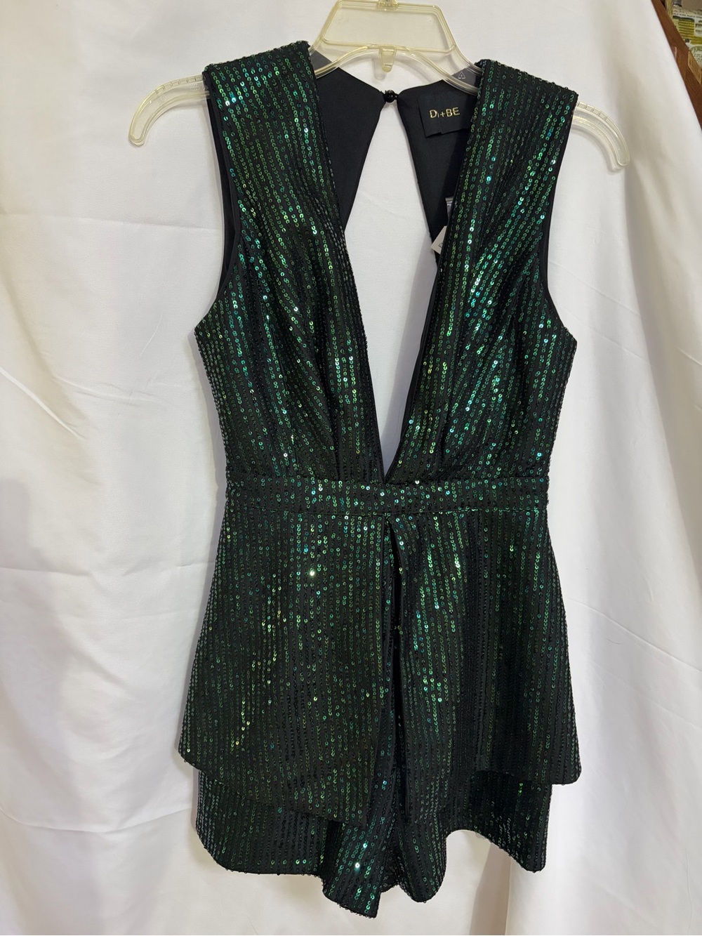 DO+BE Emerald Green Sequin Asymmetrical Deep V Romper Dress